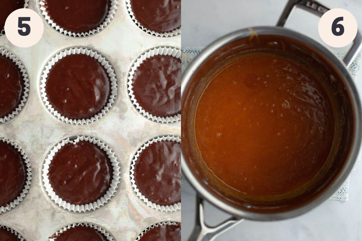 Steps 5 and 6 in the chocolate caramel cupcake baking process.
