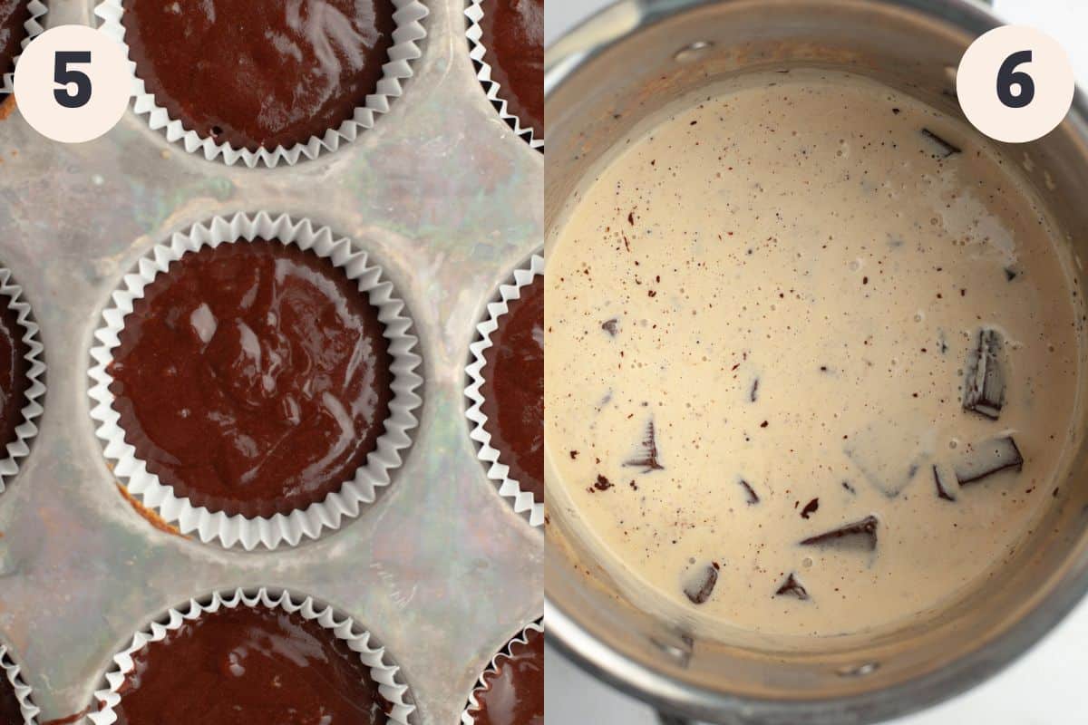 Steps 5 and 6 in the chocolate fudge cupcake baking process.