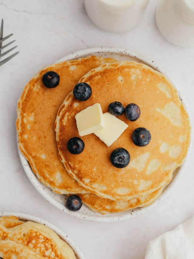 A small plate with three pancakes and blueberries.