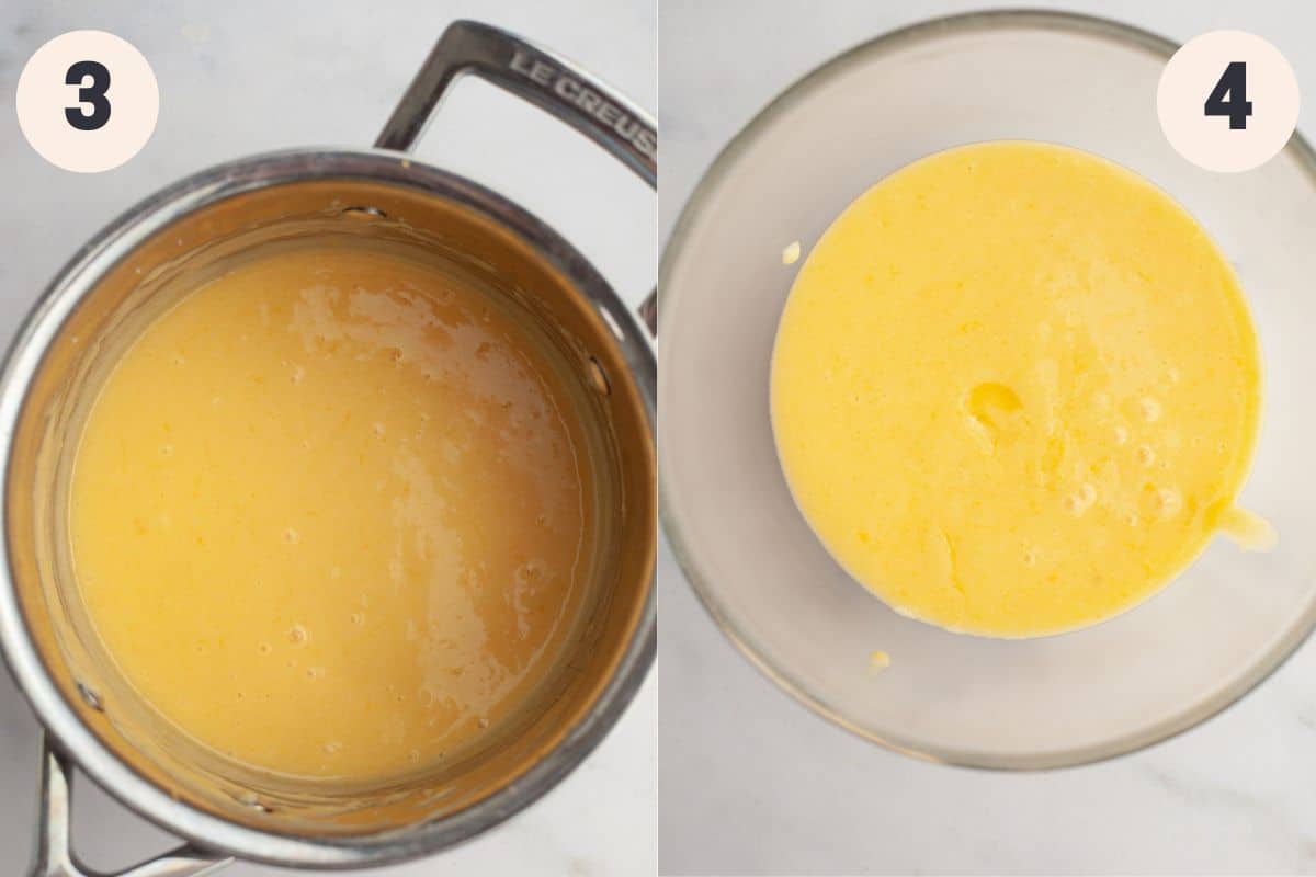 Steps 3 and 4 in the lemon curd cake baking process.
