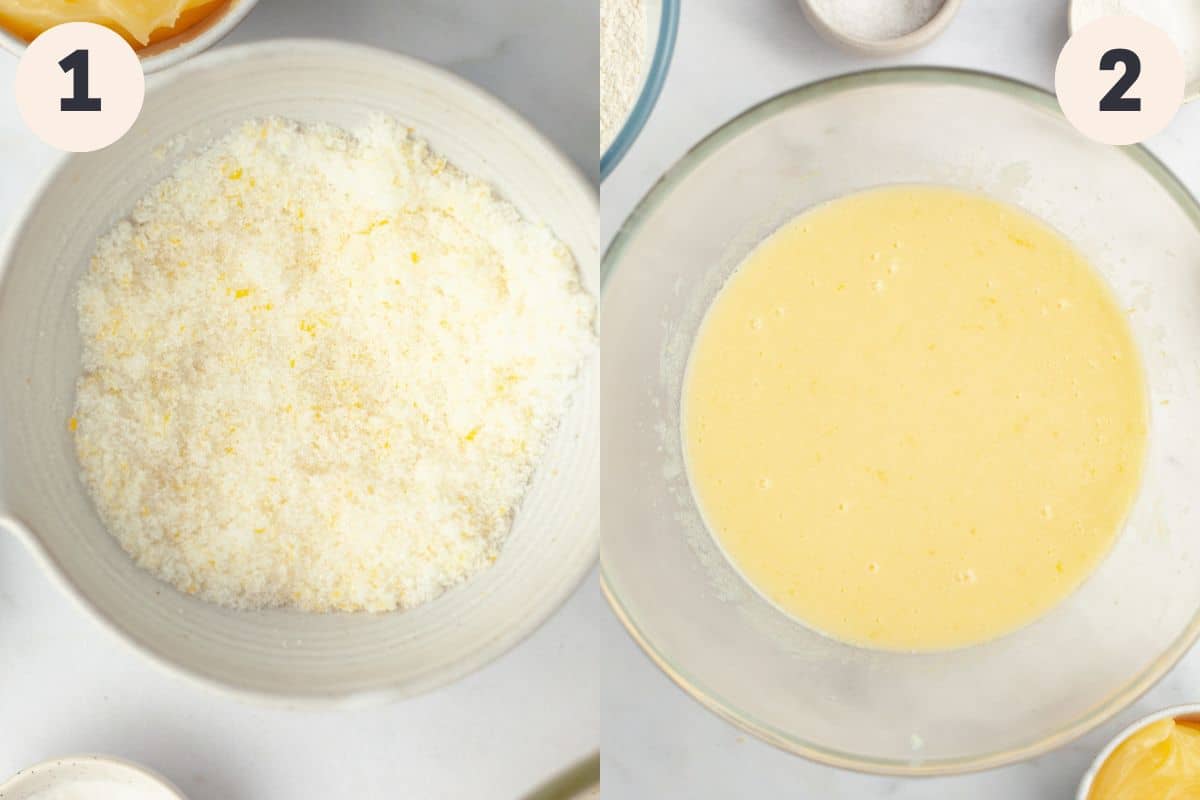 Steps 1 and 2 in the lemon curd muffin baking process.