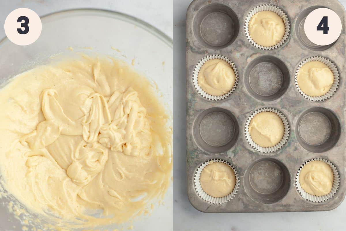 Steps 3 and 4 in the small batch vanilla cupcake baking process.