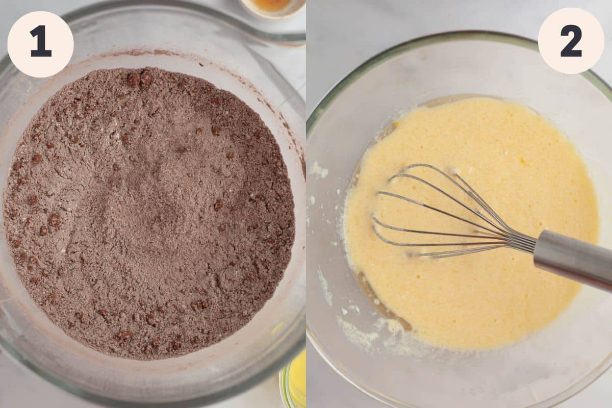 Steps 1 and 2 in the triple chocolate layer cake baking process.