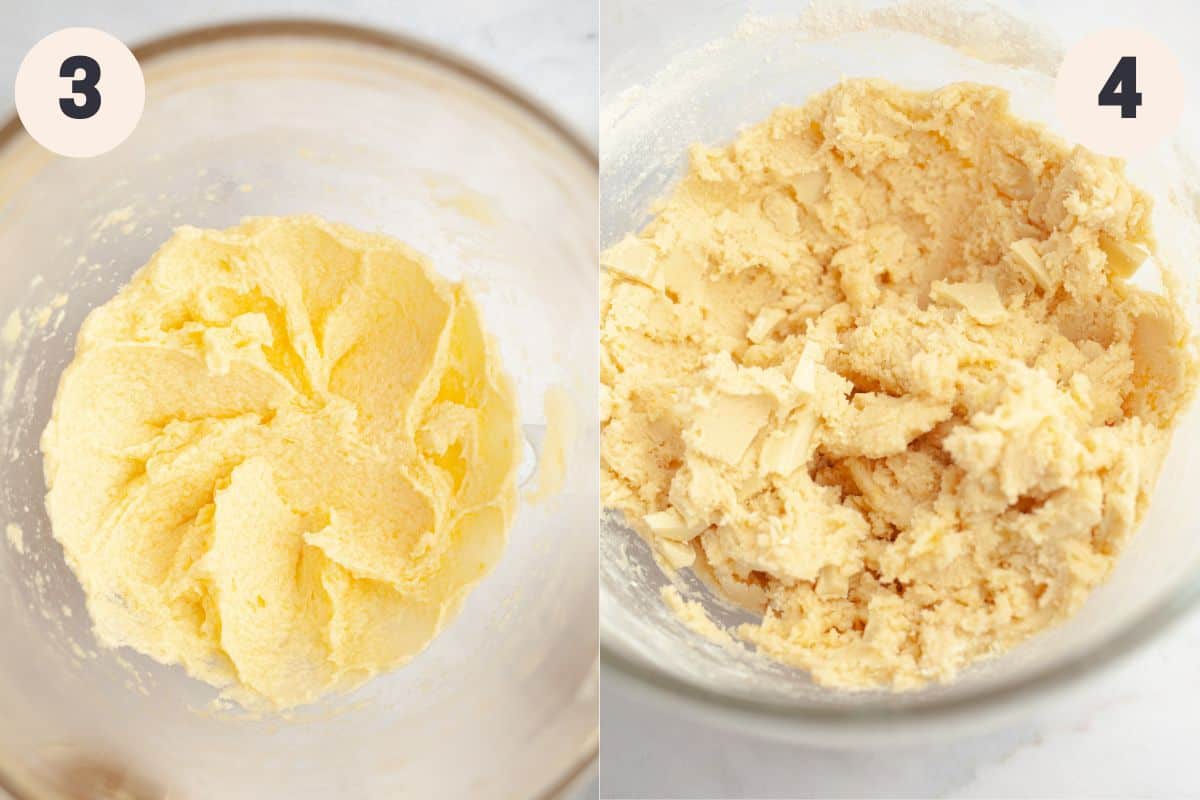 Steps 3 and 4 in the lemon white chocolate cookie baking process.