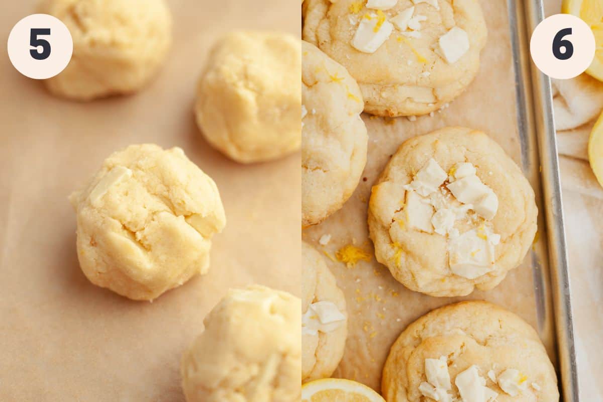 Steps 5 and 6 in the lemon white chocolate cookie baking process.