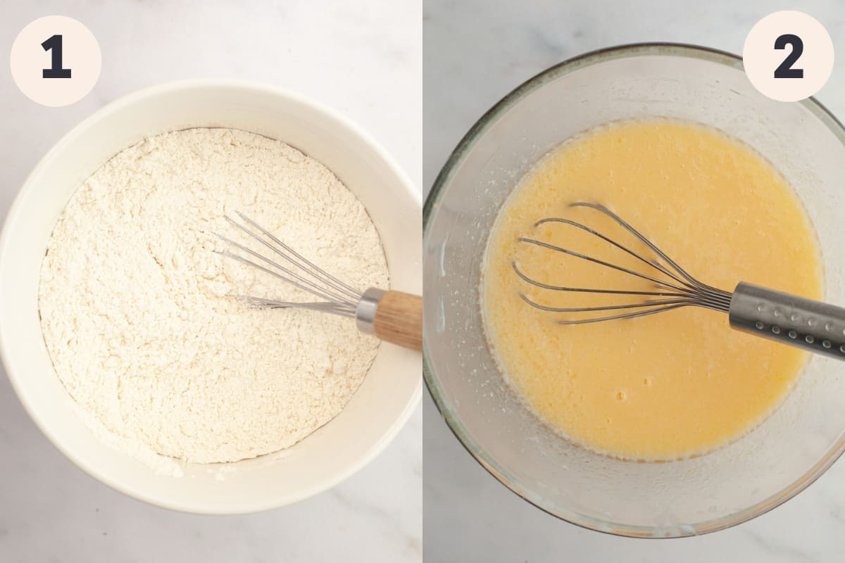 Flour in a bowl and a bowl with a yellow mixture in it.