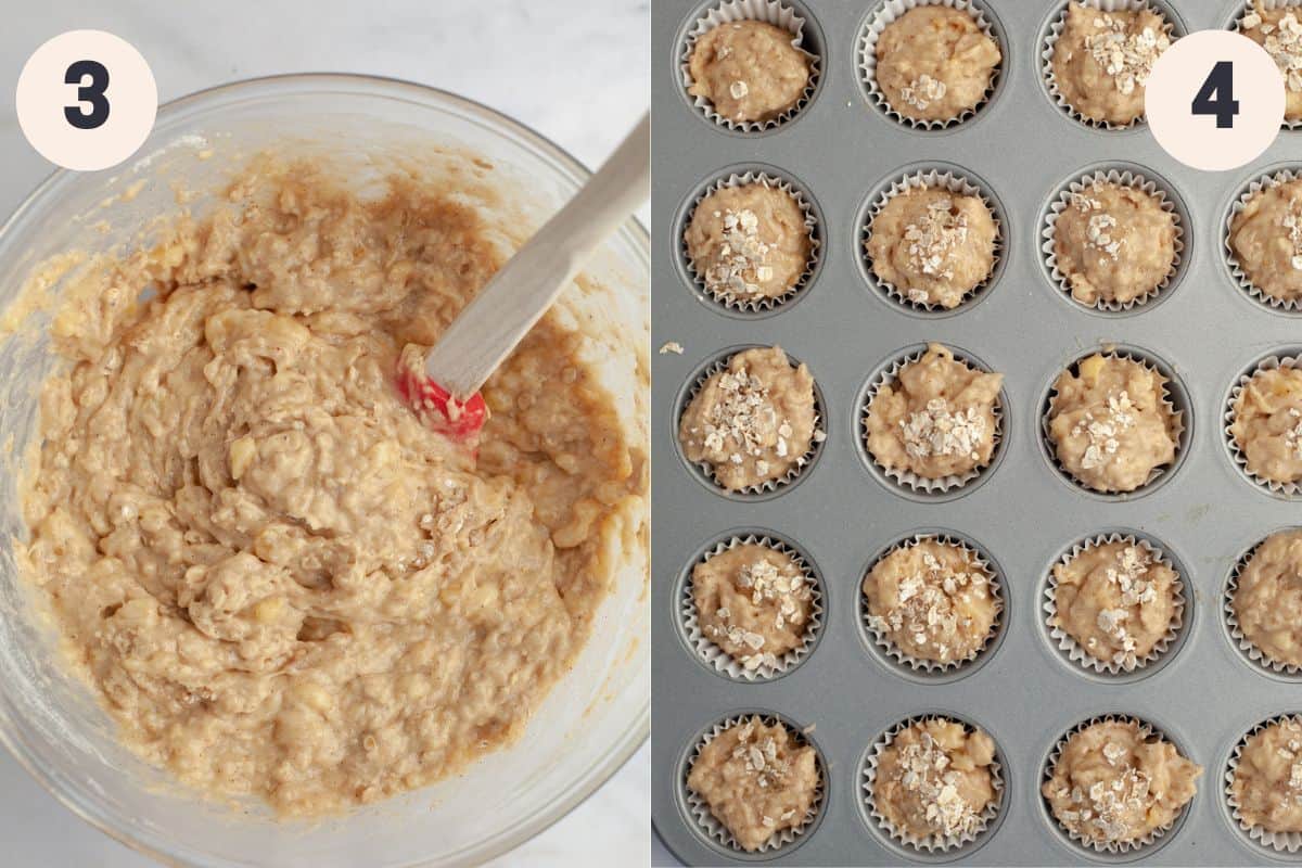 Steps 3 and 4 in the banana mini muffin baking process.