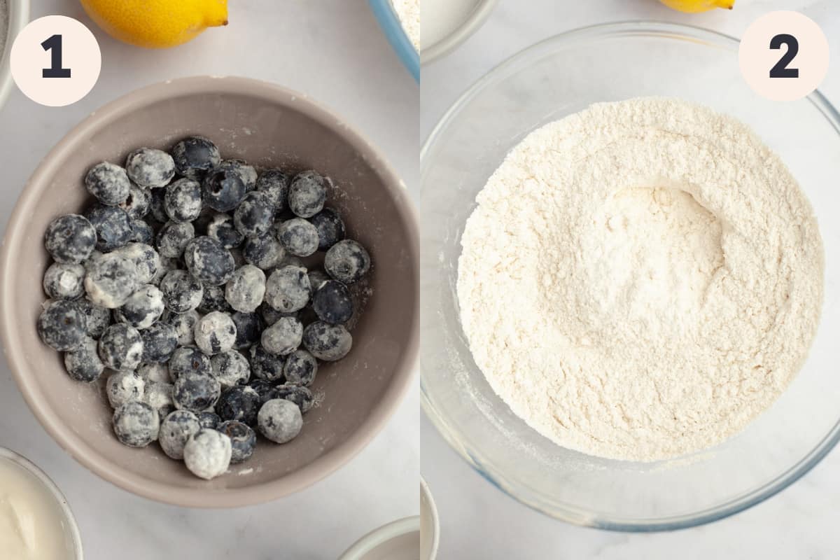 Blueberries tossed in flour in a bowl and a large bowl with flour in it.