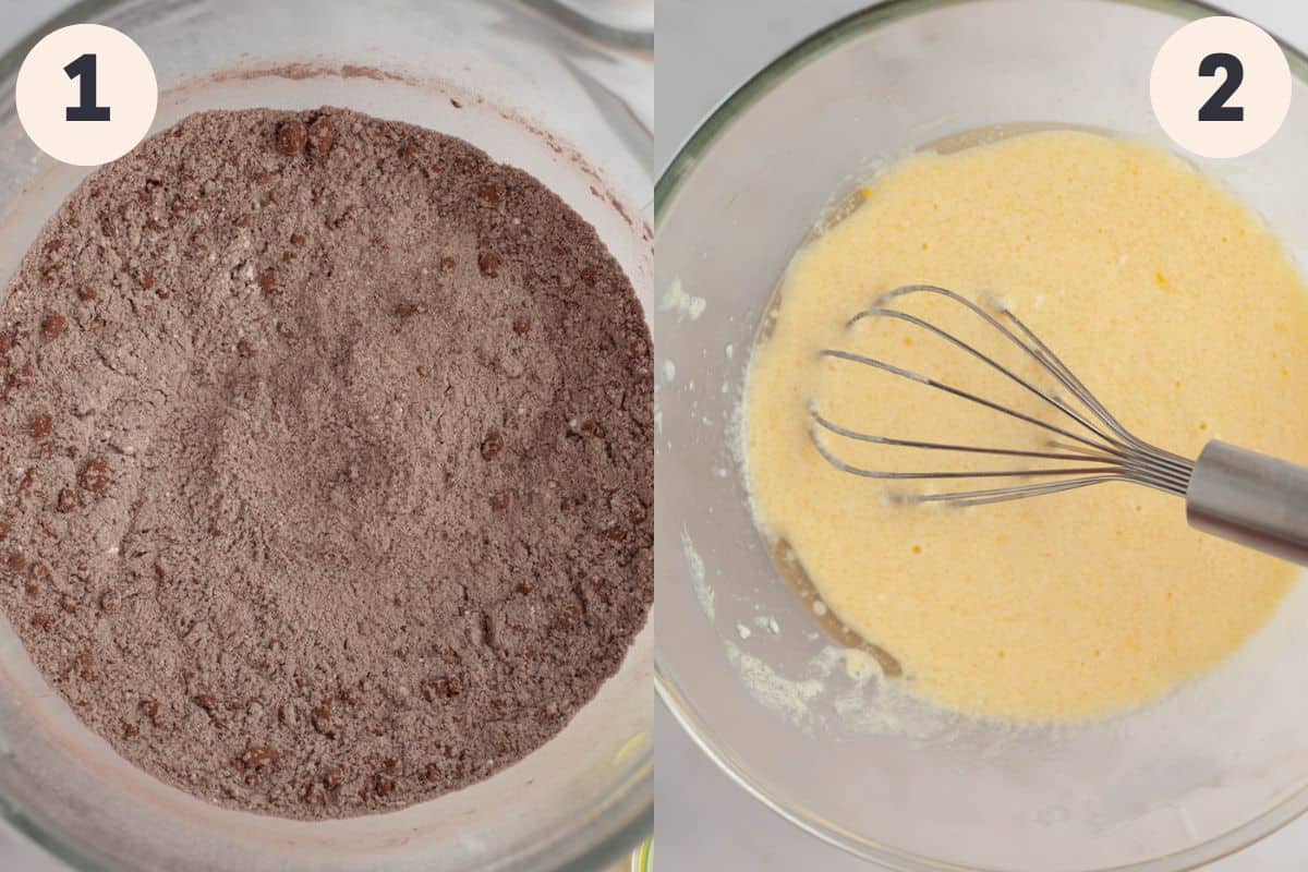 Steps 1 and 2 in the chocolate cake with strawberry filling baking process.