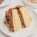 A slice of vanilla cake on a small plate.