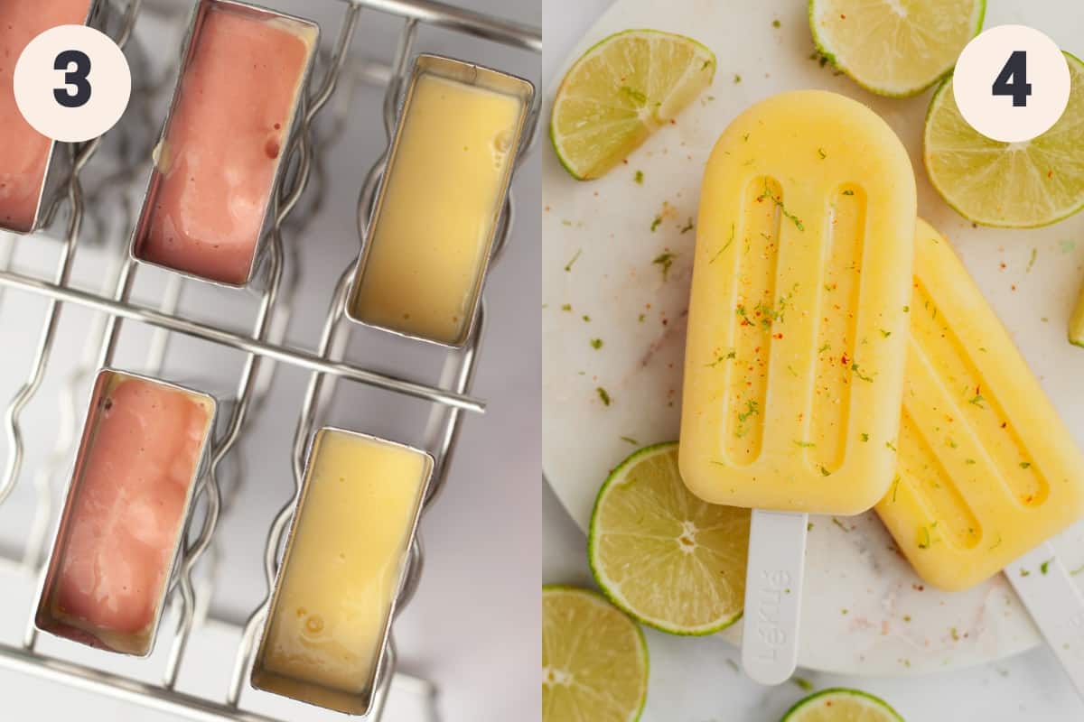 Steps 3 and 4 in the mango popsicle process.