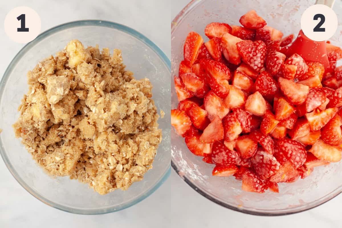 Steps 1 and 2 in the strawberry crumble baking process.
