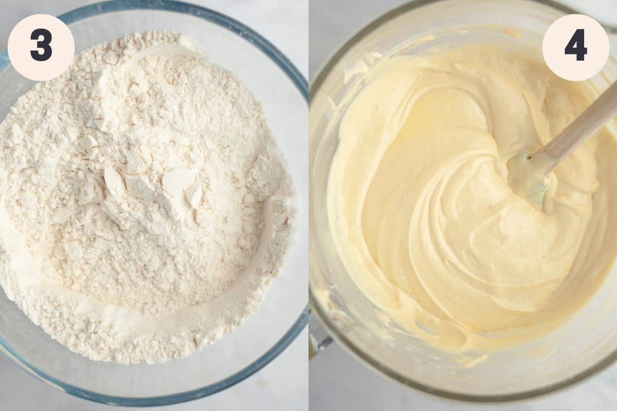 A large glass bowl with flour in it, and another bowl with cake batter in it.