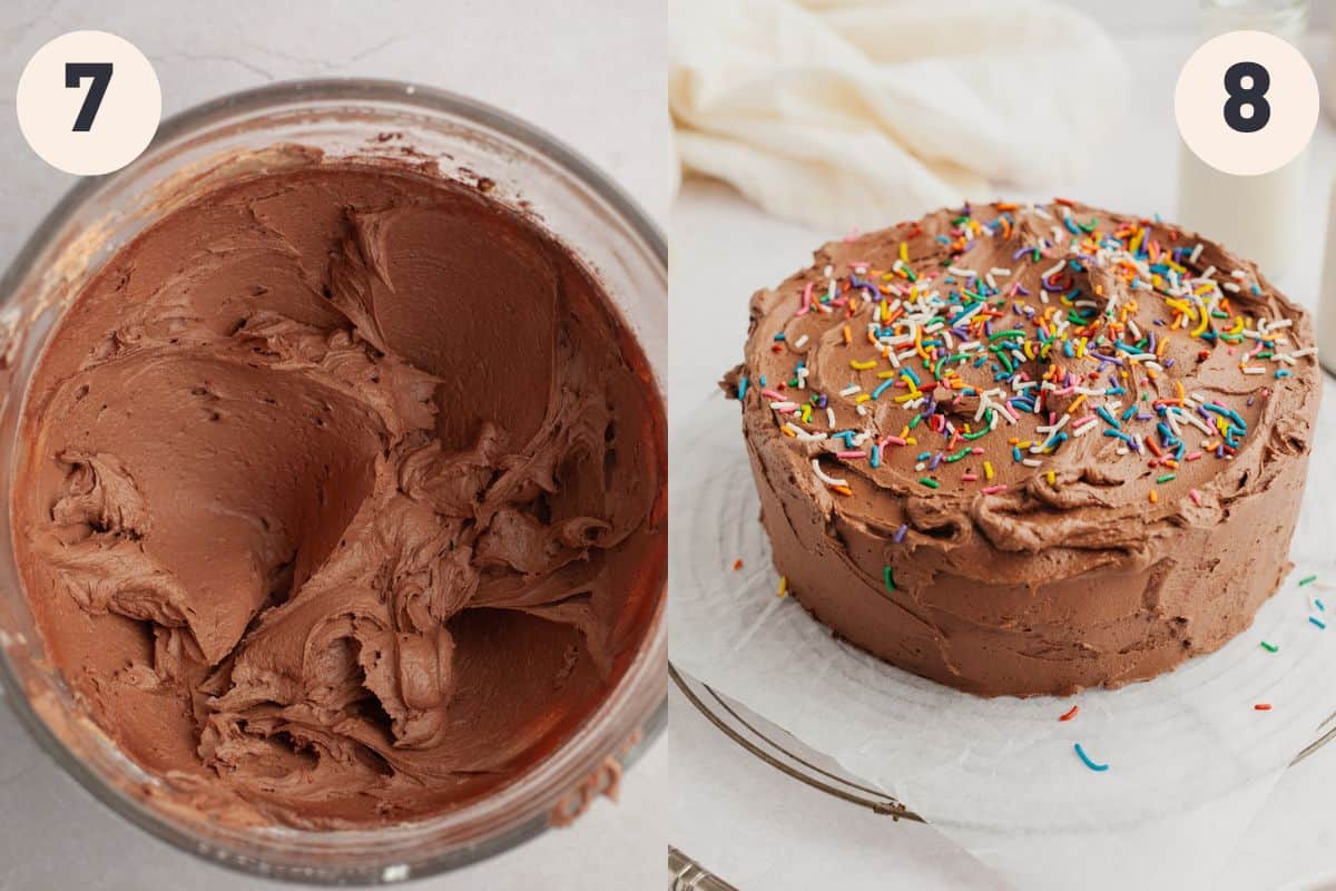 A large bowl with chocolate frosting, and a chocolate frosted cake with sprinkles.