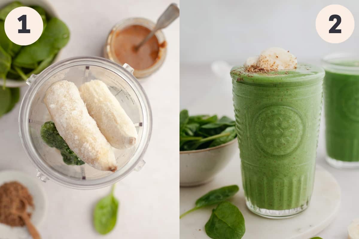 A blender with bananas and spinach in it and a large glass with a spinach banana smoothie in it.