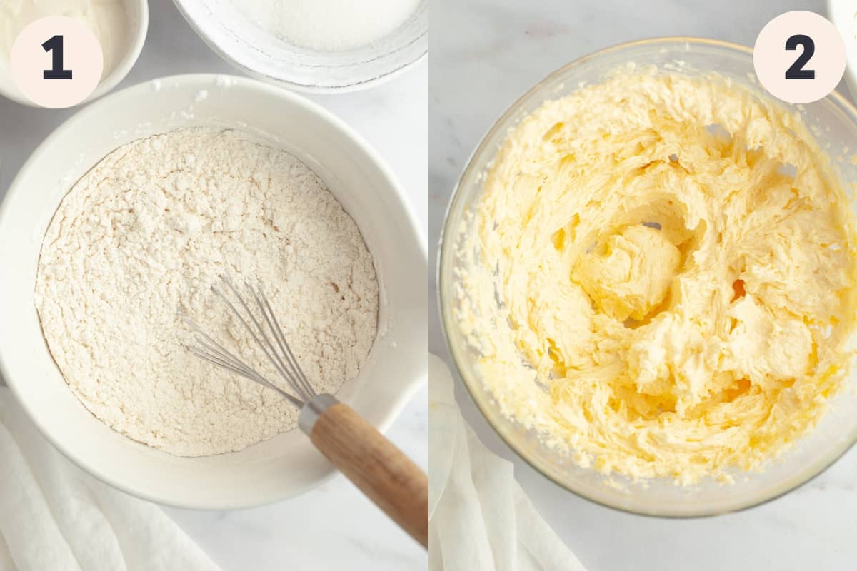 A large bowl with flour in it and a large bowl with creamed butter and sugar in it.
