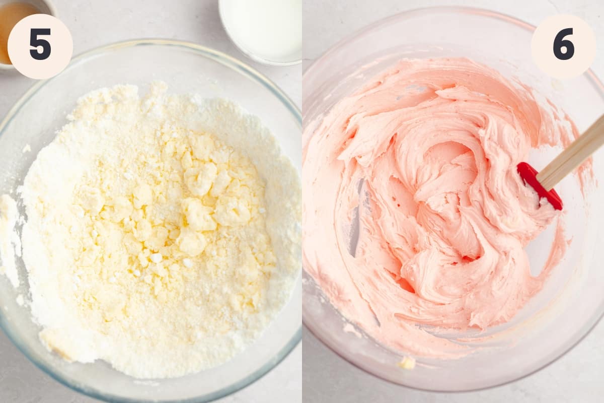 A bowl with butter and powdered sugar, and a bowl with pink frosting.