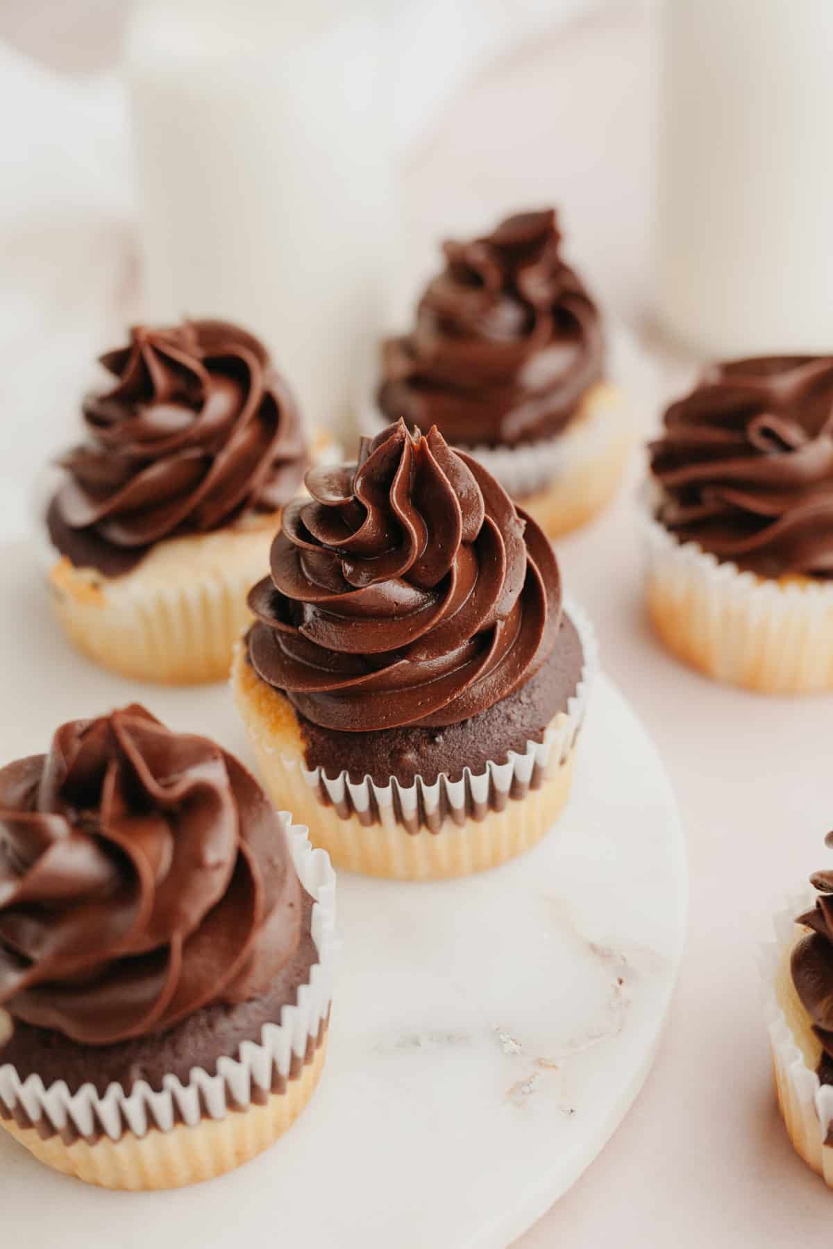 Chocolate and vanilla cupcakes with chocolate whipped ganache frosting.
