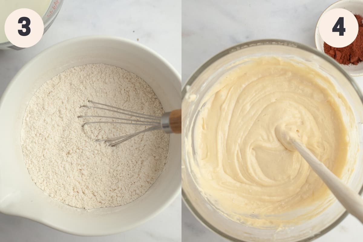 A bowl with flour in it and a bowl with cupcake batter in it.