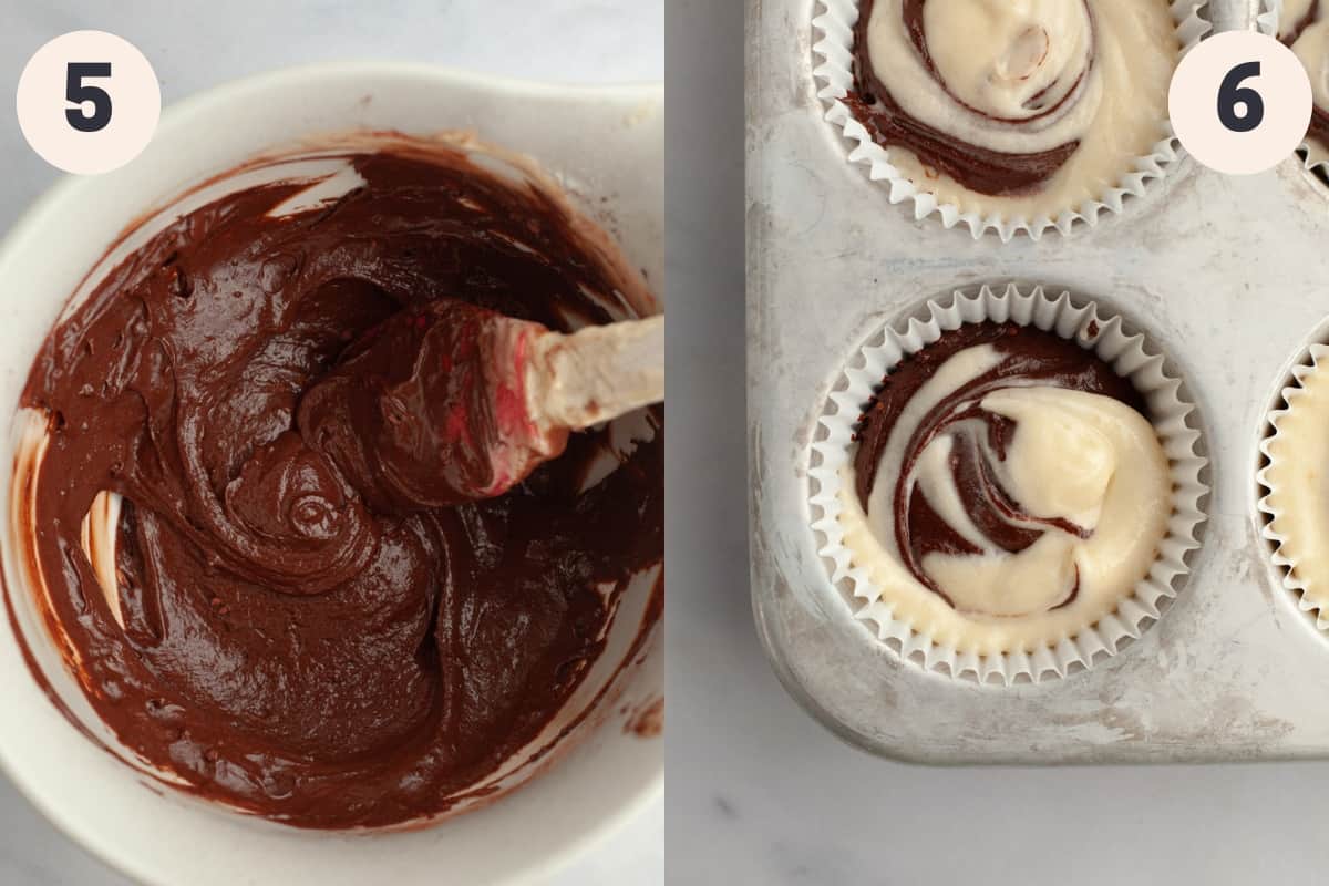 A small bowl with chocolate batter in it and a close up of a chocolate and vanilla unbaked cupcake.