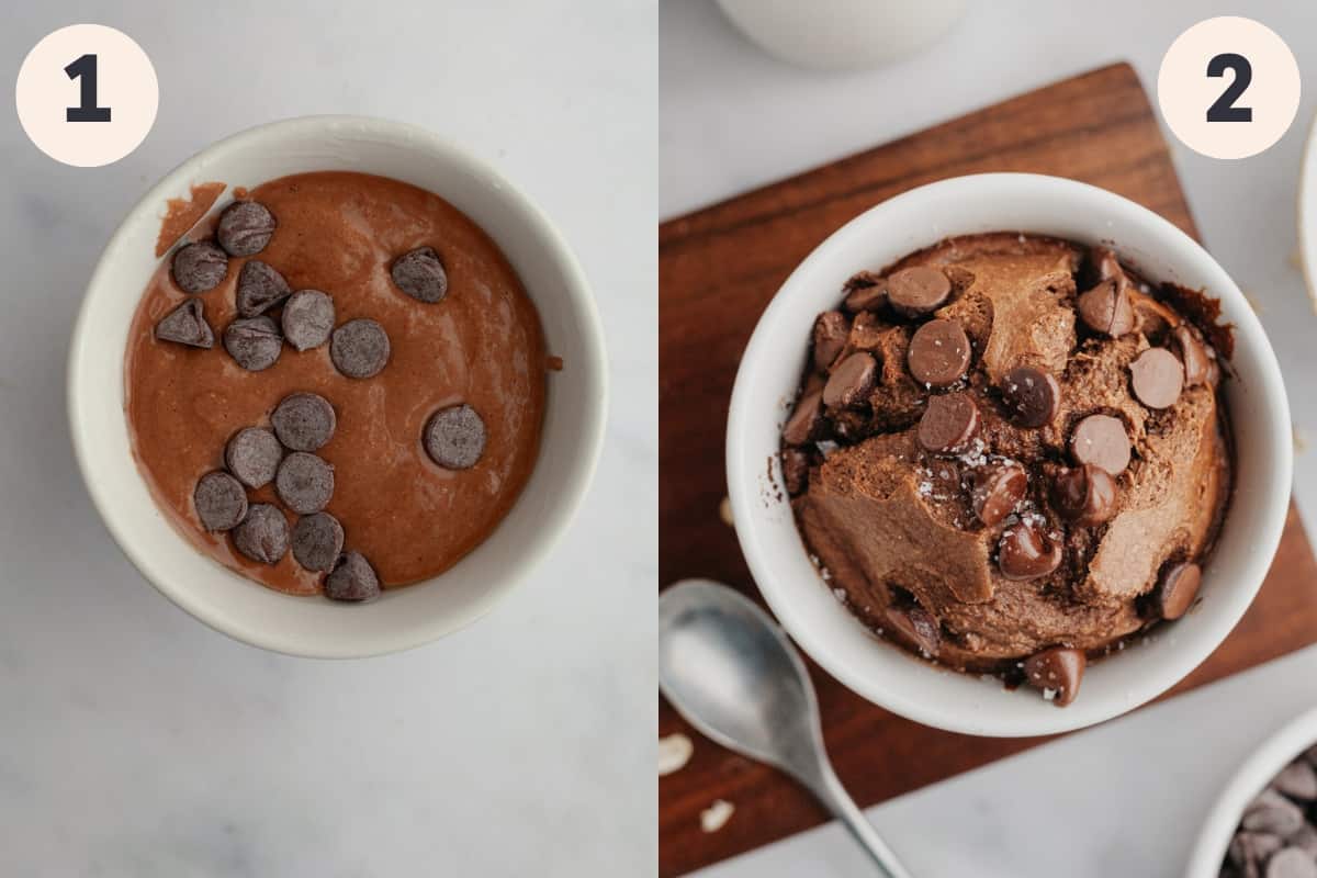 Unbaked chocolate baked oats and a baked version in small white baking dishes.