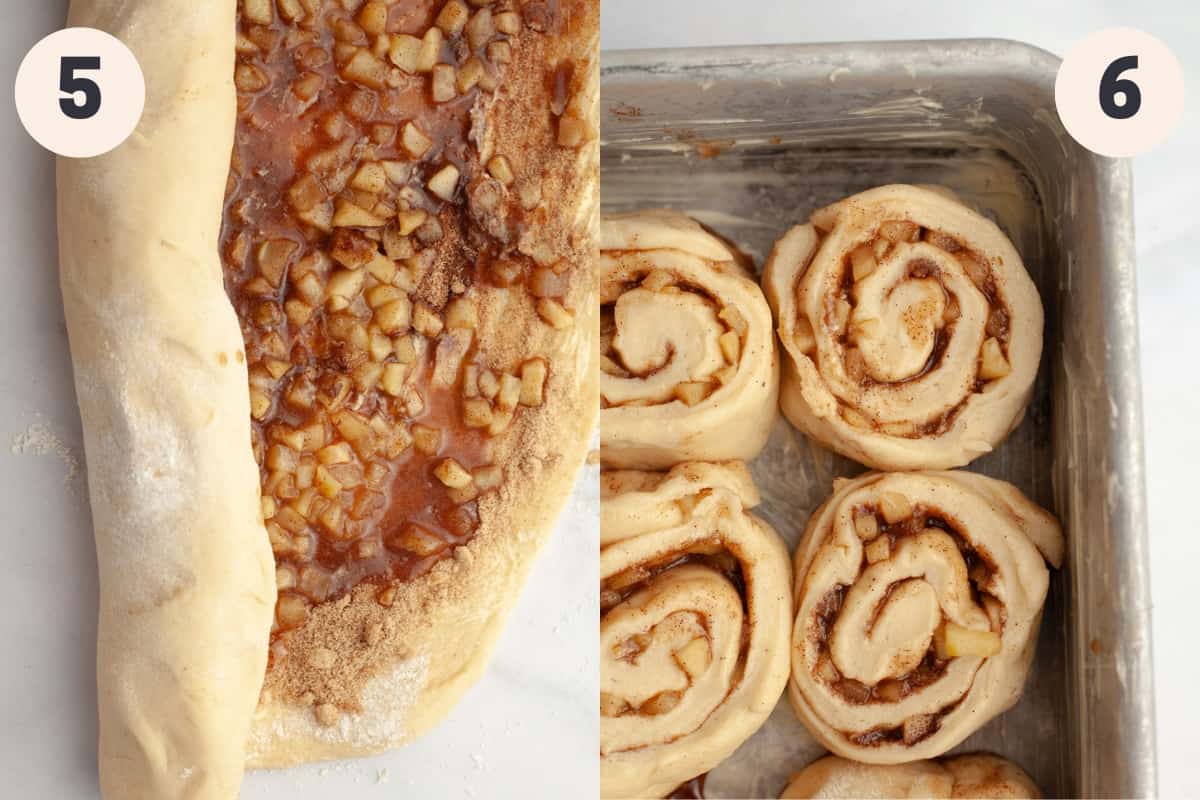 Cinnamon rolls being rolled up and unbaked rolls in a pan.