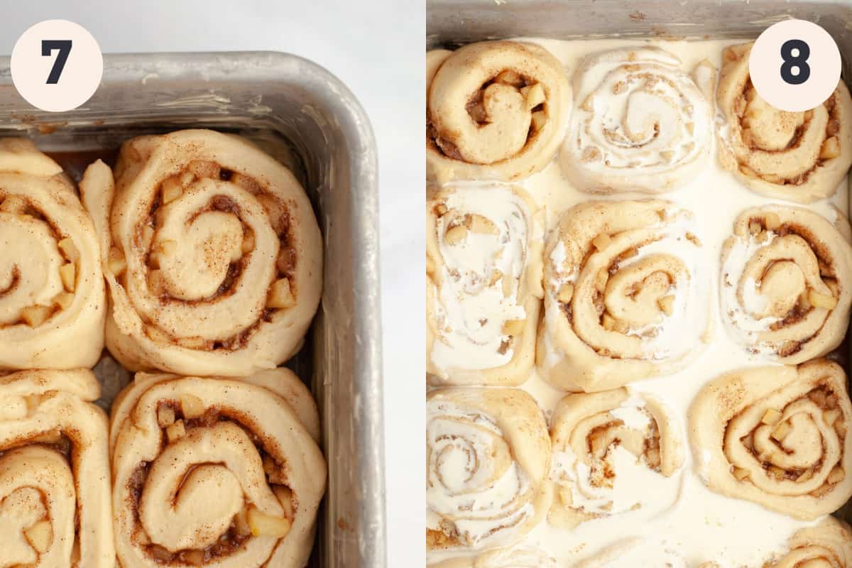 A close up of a pan with unbaked cinnamon rolls.