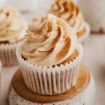A close up of a coffee cupcake with coffee buttercream.