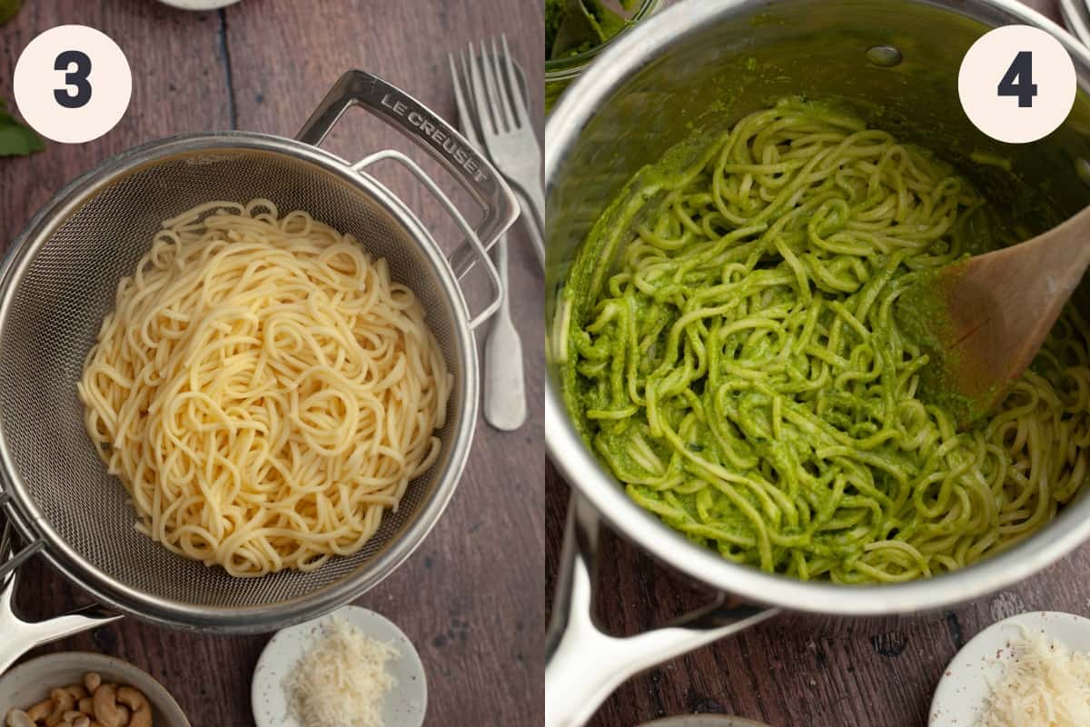 Spaghetti in a sieve and pesto pasta in a large saucepan.