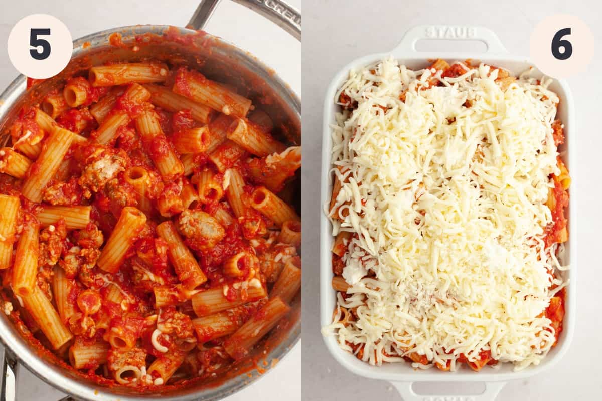 Tomato and sausage pasta in a pot and a white baking dish with pasta and cheese.