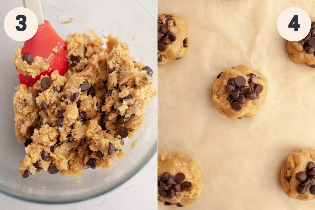 Cookie dough in a bowl and scooped out cookie dough balls on parchment paper.