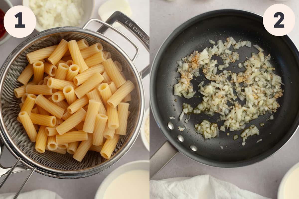 Pasta in a sieve and a saucepan with garlic and onion in it.