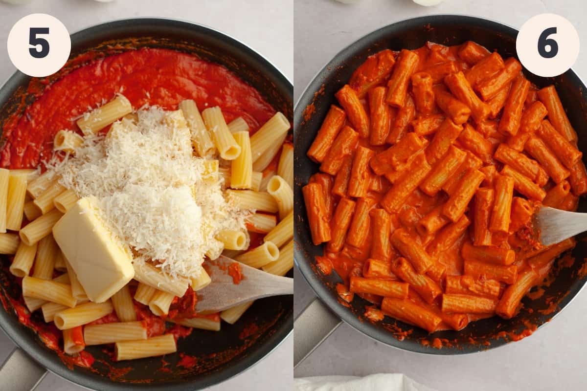 A saucepan with a red sauce, pasta, butter and parmesan in it.