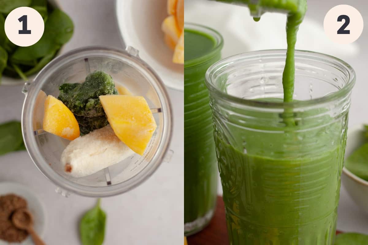 Steps 1 and 2 in the spinach mango smoothie process.