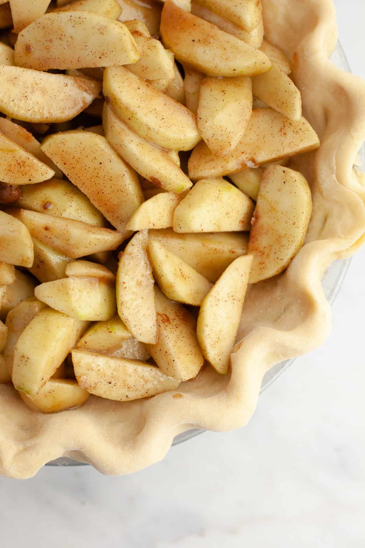 A crimped pie dough with apple filling.