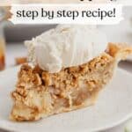 A slice of apple pie with a big scoop of vanilla ice cream on top.