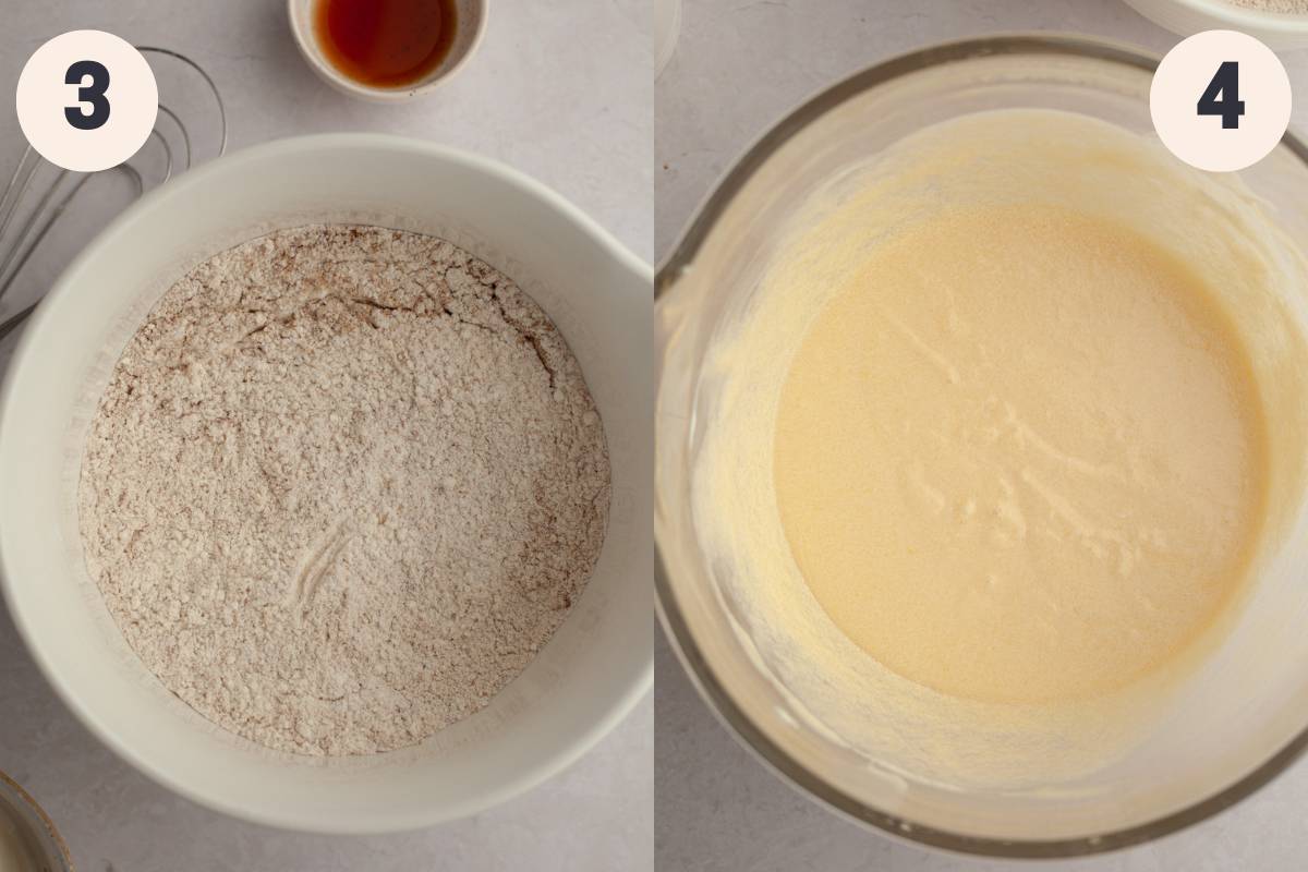 A bowl with flour and spices and a large bowl with cake batter.