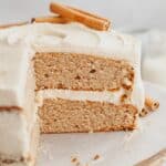 A cake that has been cut showing the layers inside.