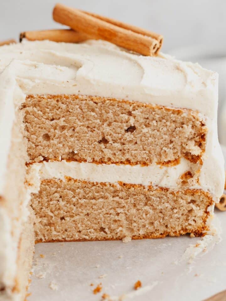 A cake that has been cut showing the layers inside.