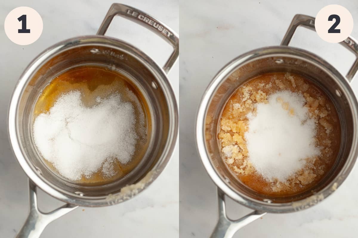 A silver saucepan with sugar in it, turning into caramel.