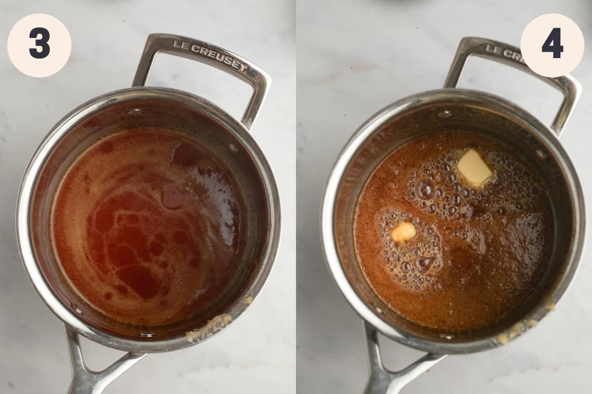 A silver saucepan with caramel in it.
