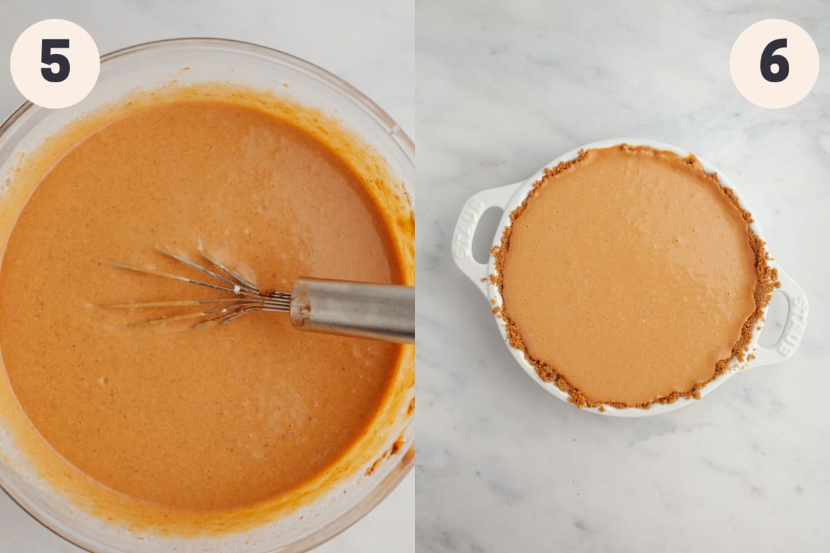 A large bowl with pumpkin pie filling in it and an unbaked pumpkin pie.