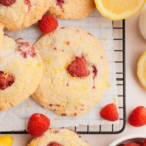 Lemon raspberry cookies on parchment paper.