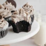 Chocolate cupcakes covered in Oreo frosting.