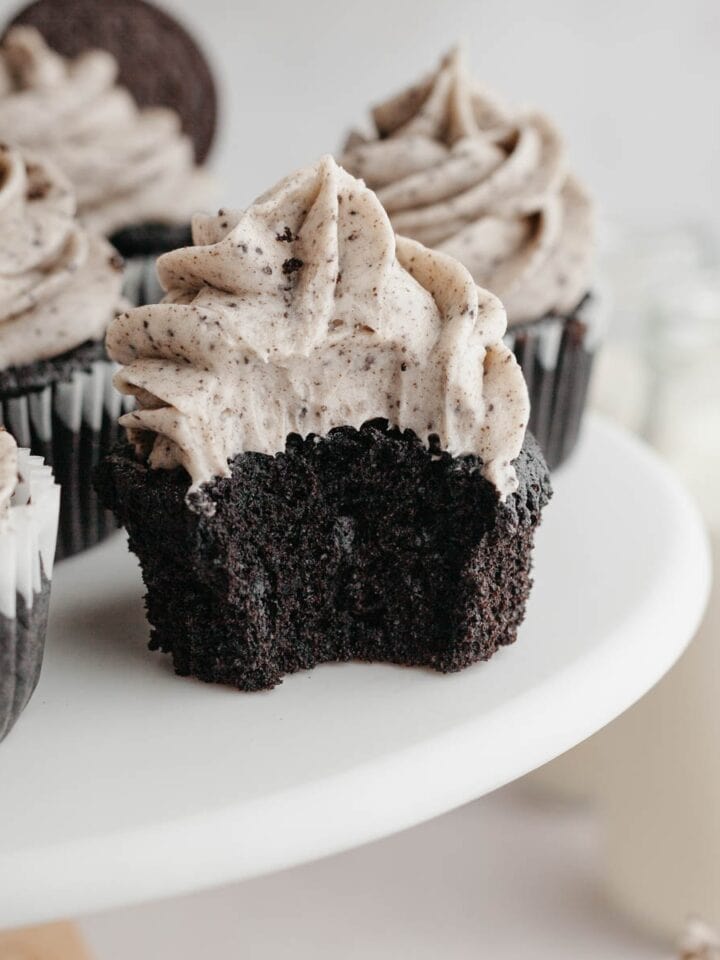 Chocolate cupcakes covered in Oreo frosting.