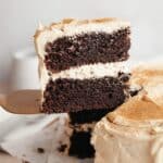 A slice of chocolate cake with coffee frosting being lifted up with a cake server.