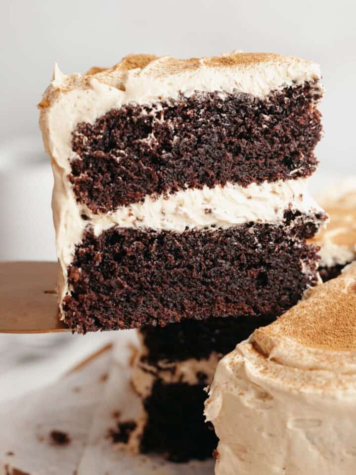 A slice of chocolate cake with coffee frosting being lifted up with a cake server.