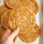 A hand holding a peanut butter snickerdoodle cookie.