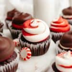 Chocolate peppermint cupcakes with red and white swirled frosting.