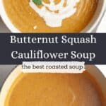 A white soup bowl with butternut squash cauliflower soup, drizzled with cream and garnished with herbs.